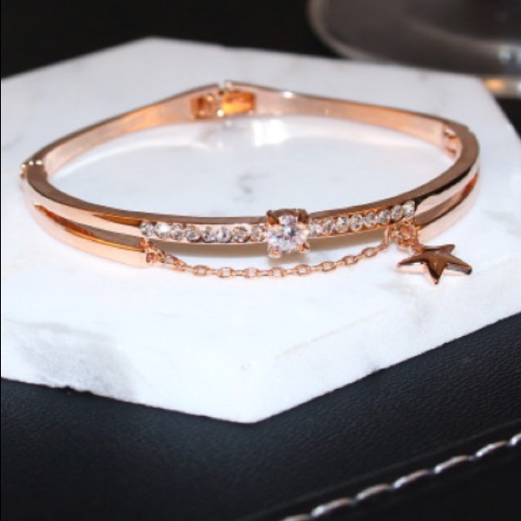 Rose Gold Rhinestone Bangle Bracelet - Picture 2 of 6